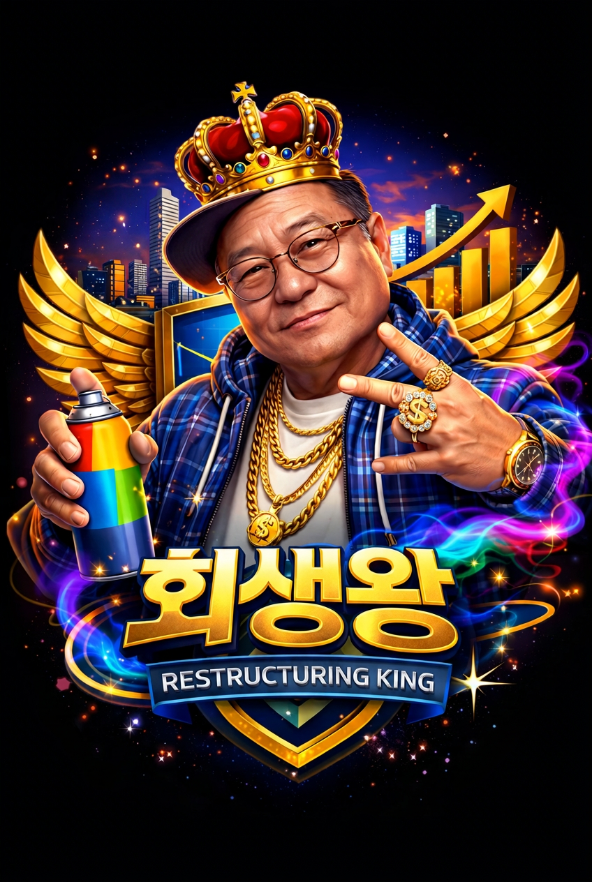 왕관을 쓴 회생왕 캐릭터 - 황금 날개와 도시 야경을 배경으로 스프레이캔을 들고 브이 사인을 하는 모습